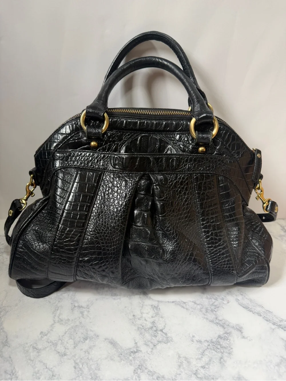 Brahmin Louise Rose Black Croc Embossed Leather Satchel crossbody bag purse - Picture 3 of 9